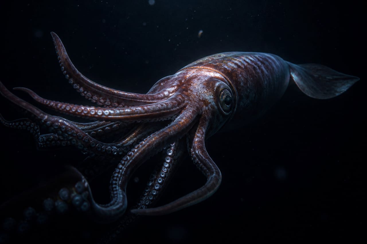 Giant Squid Floating in the Deep Ocean Abyss