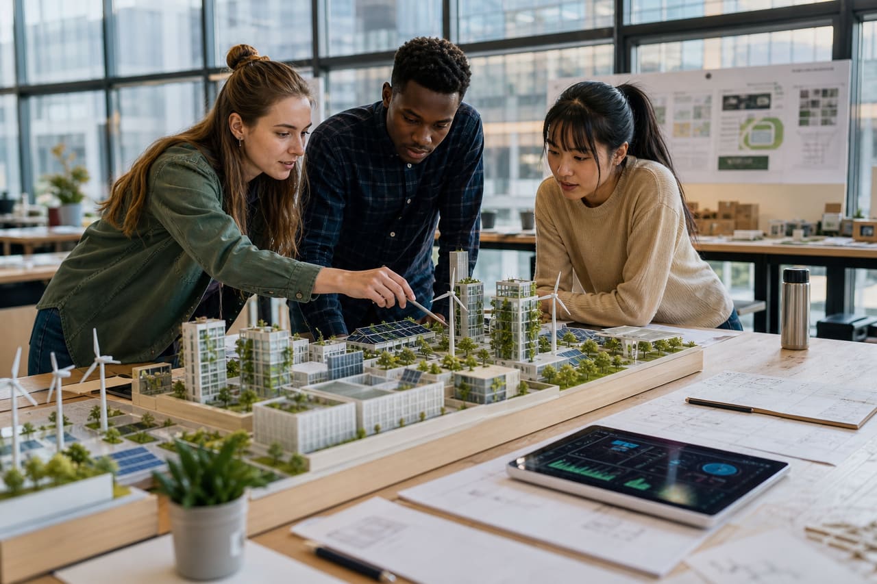 Engineering Students Analyzing Sustainable Energy Models in a Modern Classroom