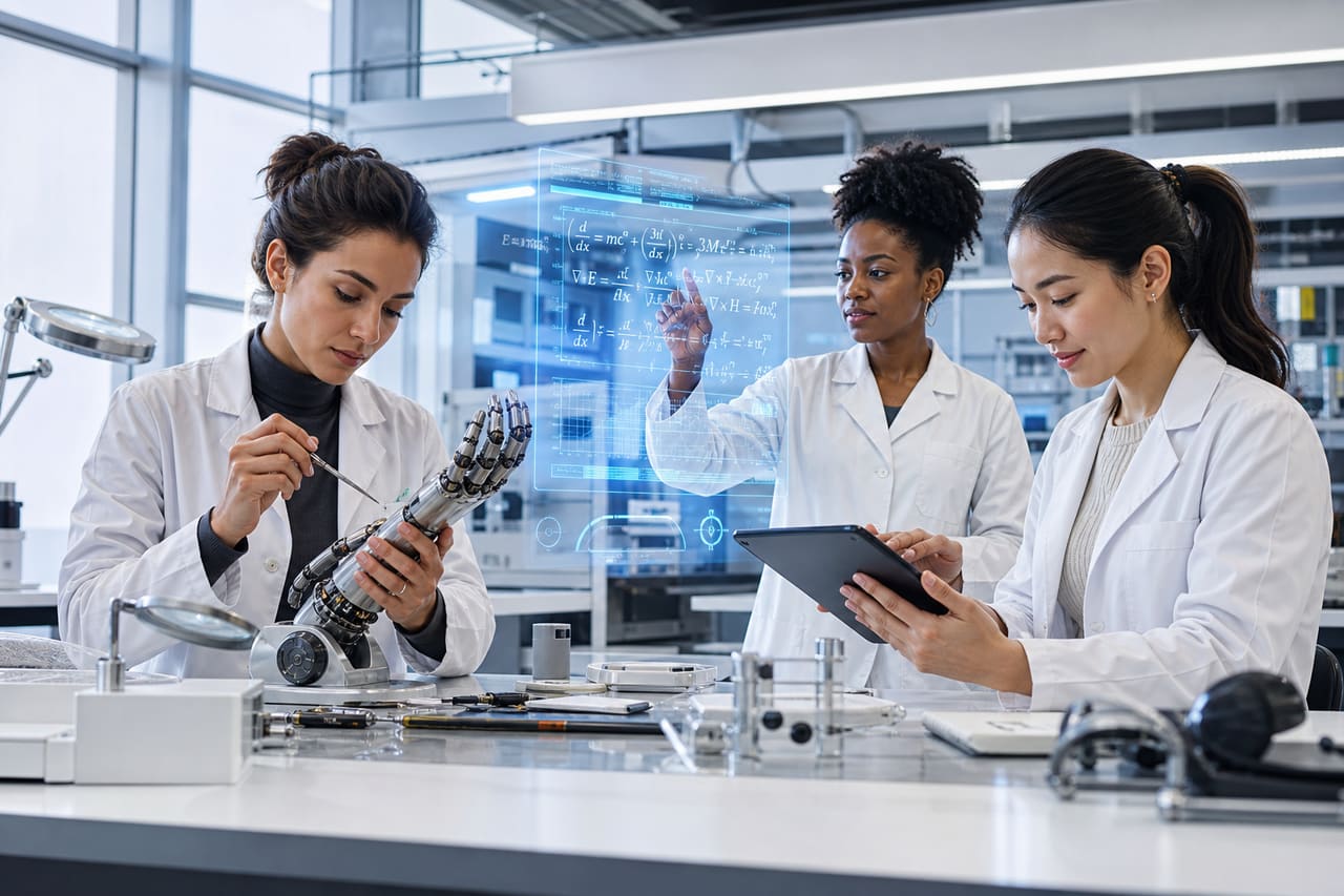 Diverse Women Inventors Collaborating in a Modern Stem Laboratory