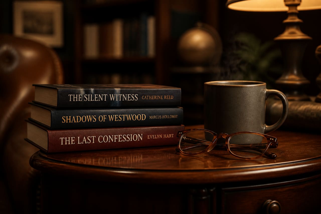 Stack of Hardcover Mystery Novels on a Wooden Side Table