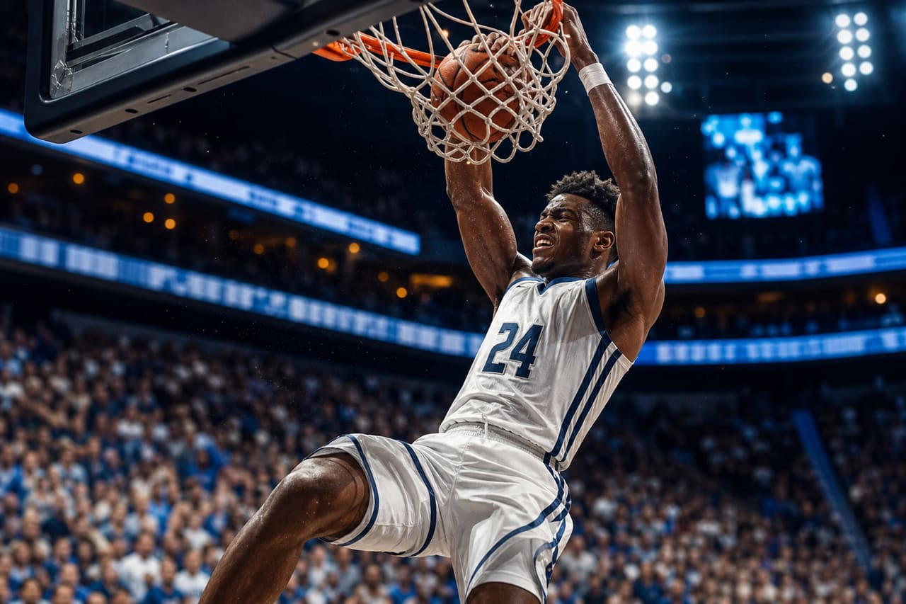 Professional Basketball Player Performing a Slam Dunk in Arena