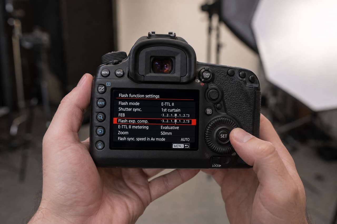 Photographer Adjusting Flash Settings on a Dslr Camera