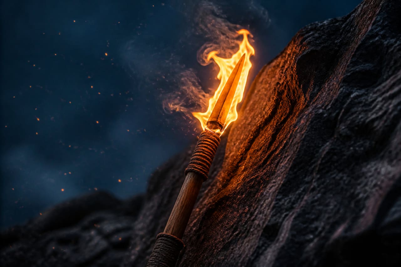 Ceremonial Burning Spear Resting Against Volcanic Rock