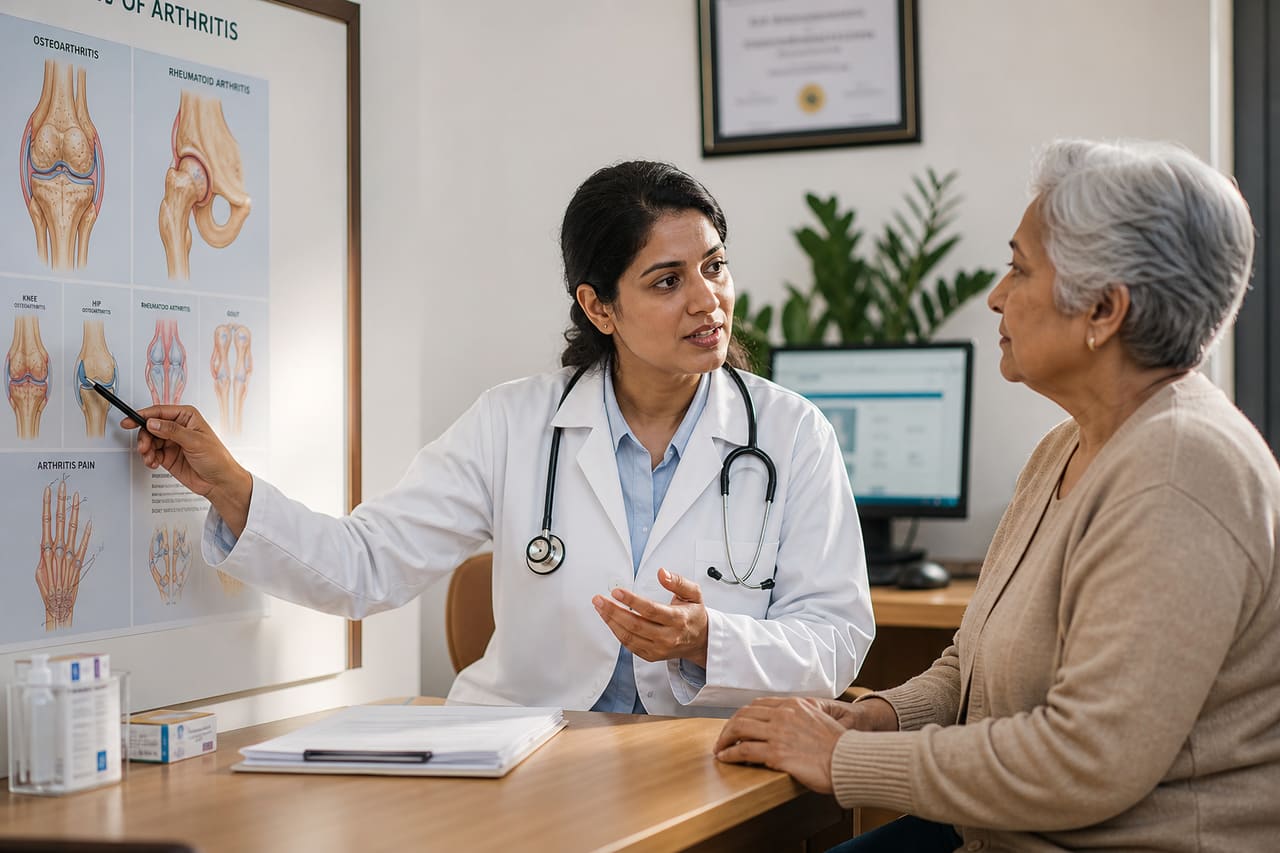 Medical Professional Explaining Joint Inflammation to Patient in Clinic