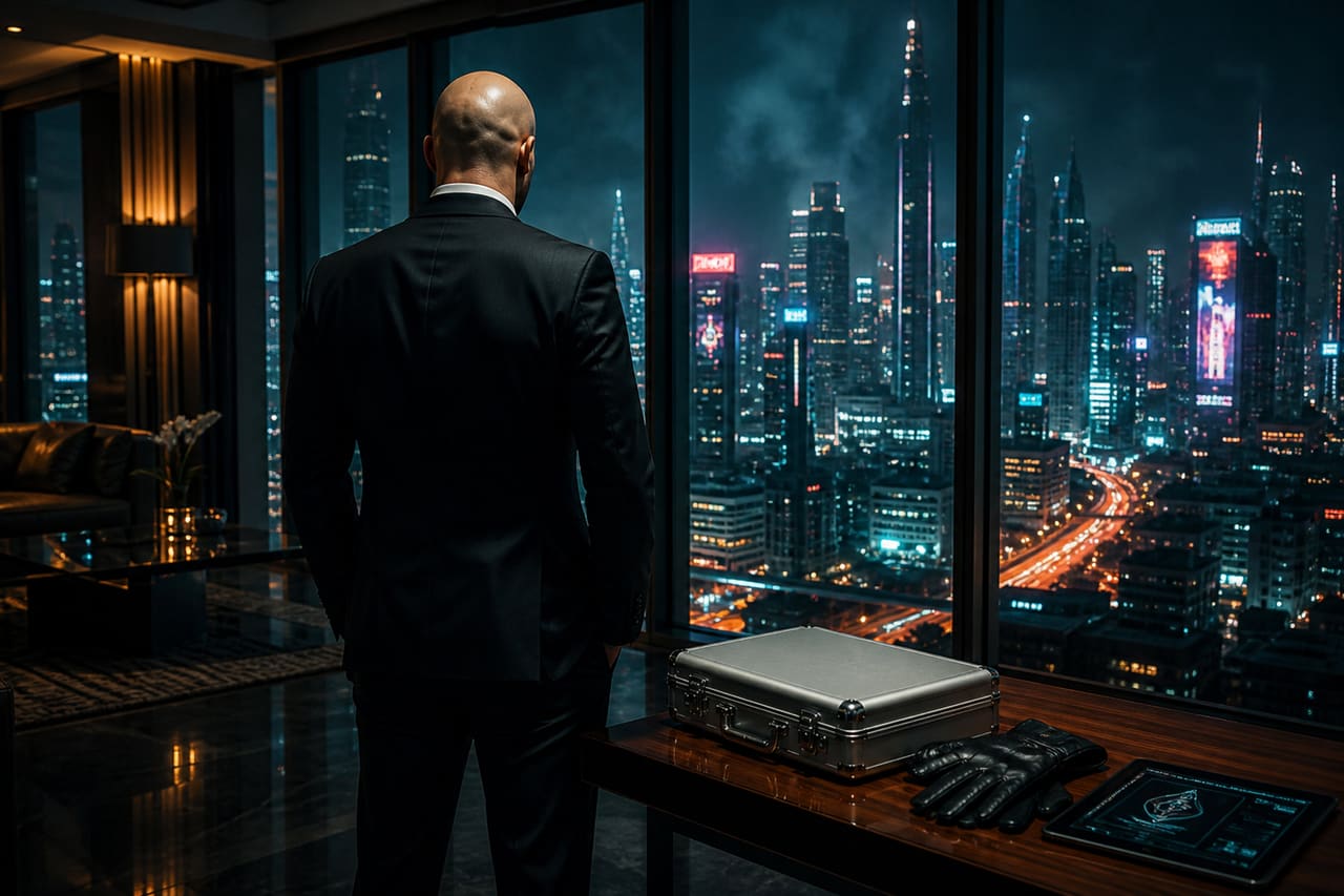 Professional Assassin Overlooking Neon City from Luxury Penthouse