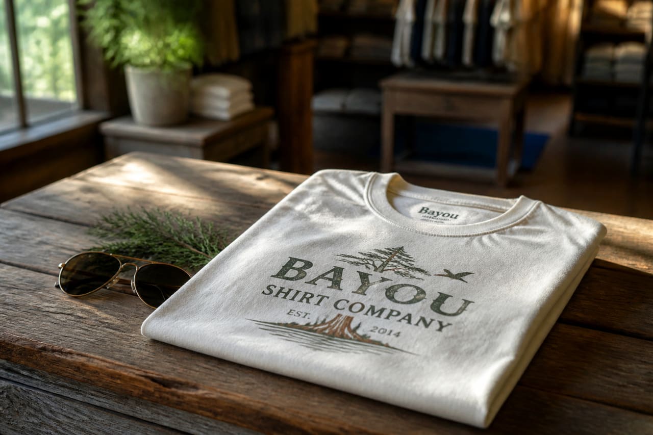 Branded T-Shirt from Bayou Shirt Company on Rustic Wood
