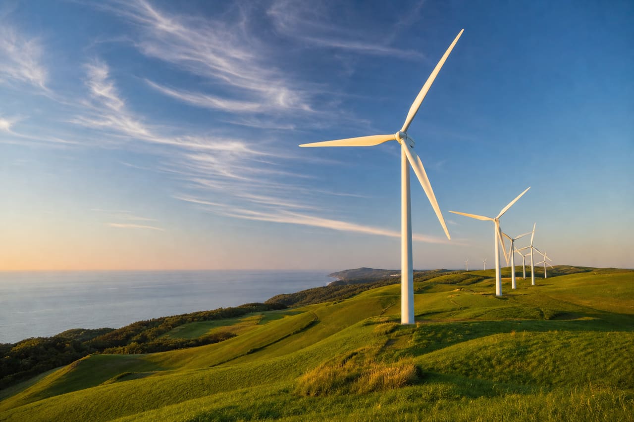Modern Wind Turbines in a Green Coastal Landscape