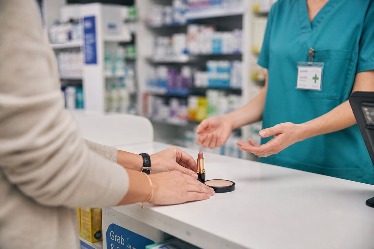 Customer Returning Makeup Products at a Pharmacy Counter