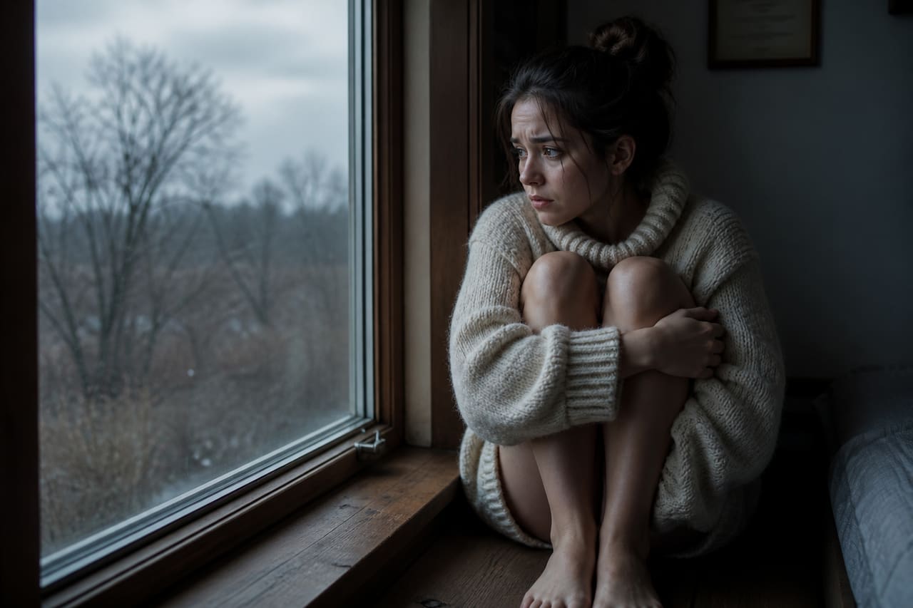 Woman Feeling Anxious and Overwhelmed in a Dimly Lit Winter Room
