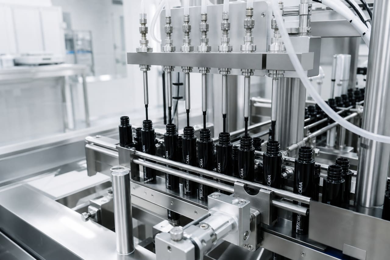 Automated Mascara Filling Line in a Cosmetics Factory