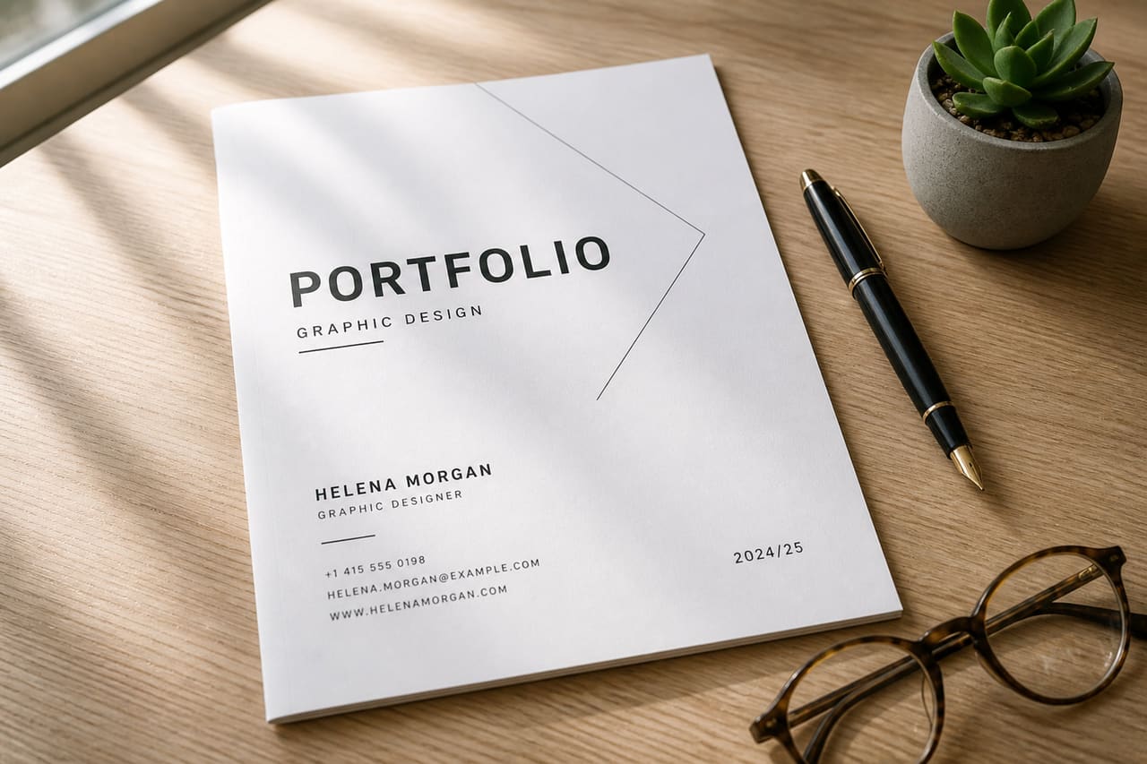 Minimalist Printable Portfolio Cover Page on a Wooden Desk