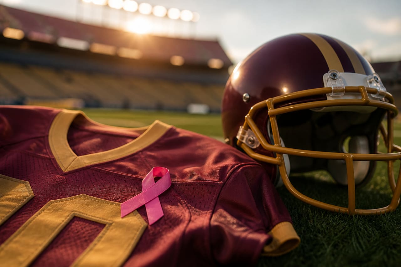 Pink Breast Cancer Awareness Ribbon on Burgundy Football Gear