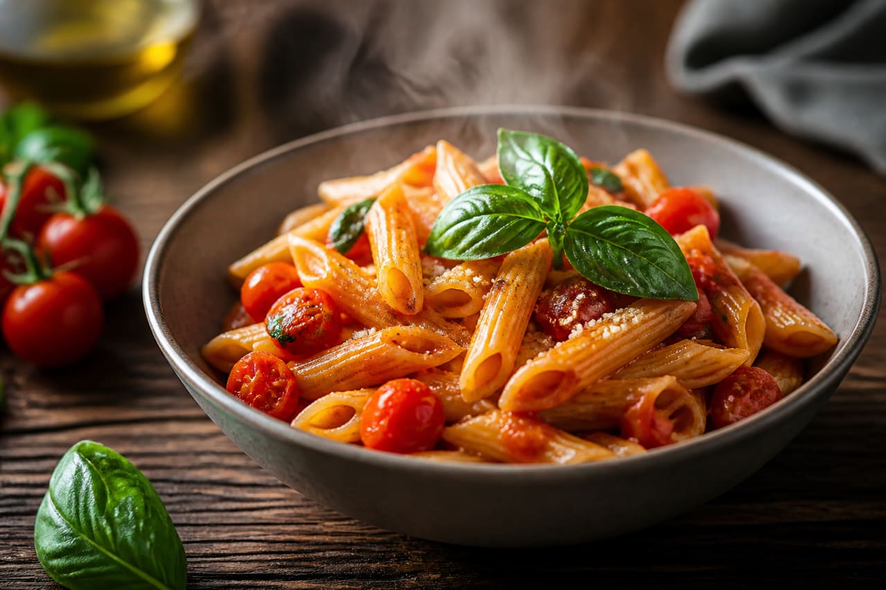Penne Pasta with Fresh Basil and Cherry Tomatoes on a Rustic Table