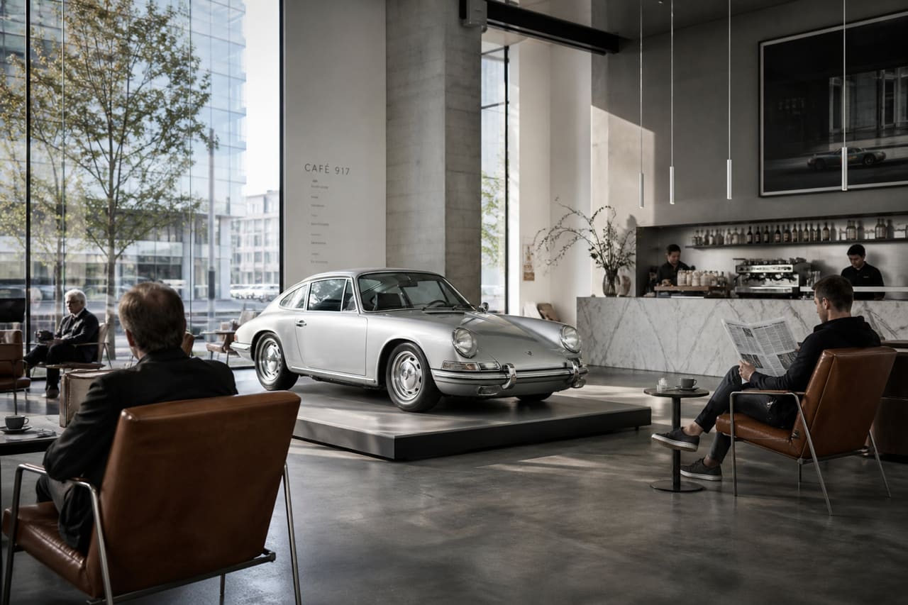 Luxury Automotive Cafe with Silver Sports Car Centerpiece