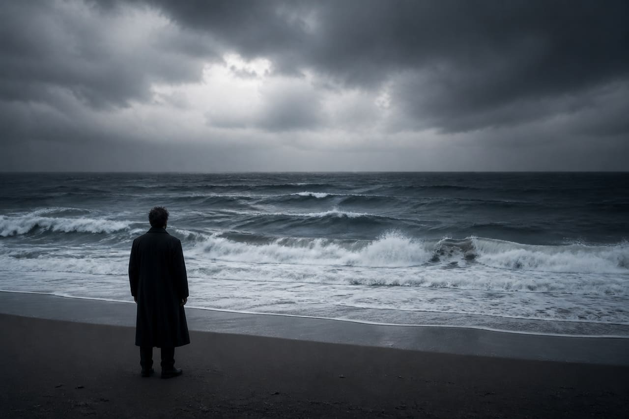 Solitary Figure Standing Before a Vast Dark Ocean