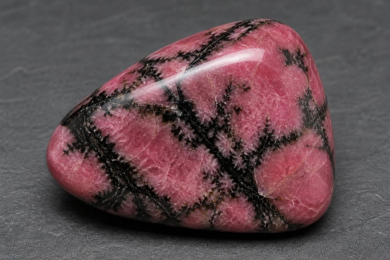 Polished Rhodonite Mineral Specimen Showing Black Manganese Oxide Veins