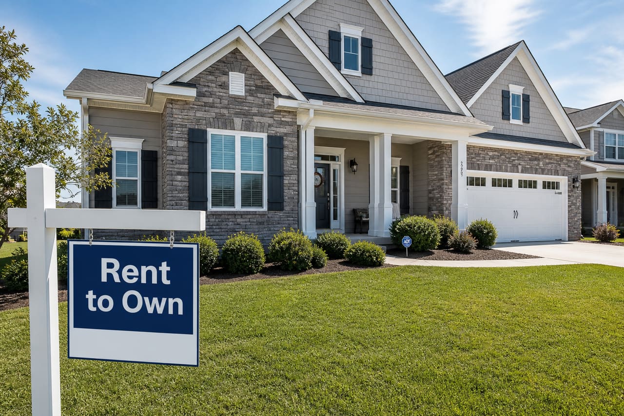 Modern Suburban Home with Rent to Own Sign in Horry County