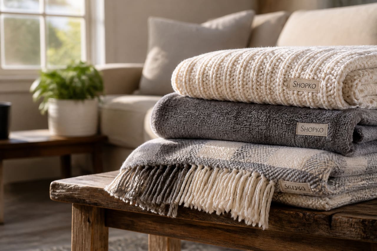 Stack of Folded Shopko Blankets on a Rustic Wooden Bench