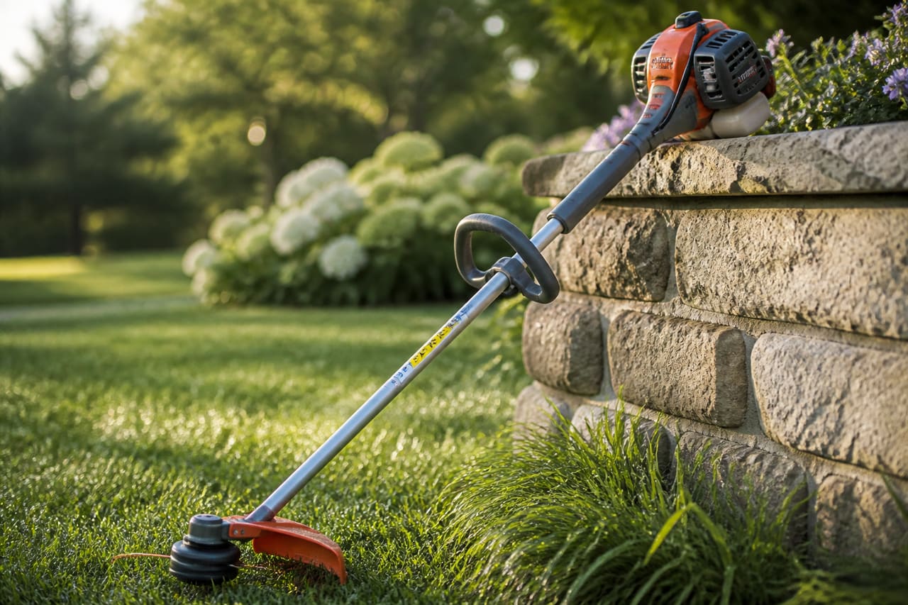 Gas Powered String Trimmer Leaning Against a Garden Wall