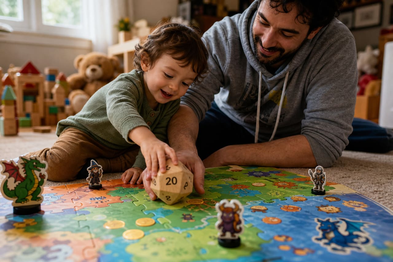 Parent and Toddler Solving Fantasy Puzzles on a Play Mat
