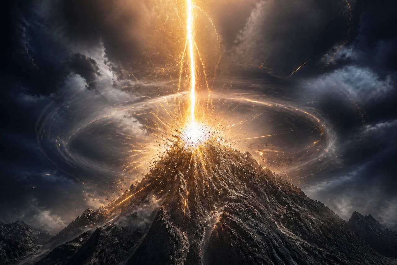 Divine Golden Lightning Bolt Striking a Mountain Peak