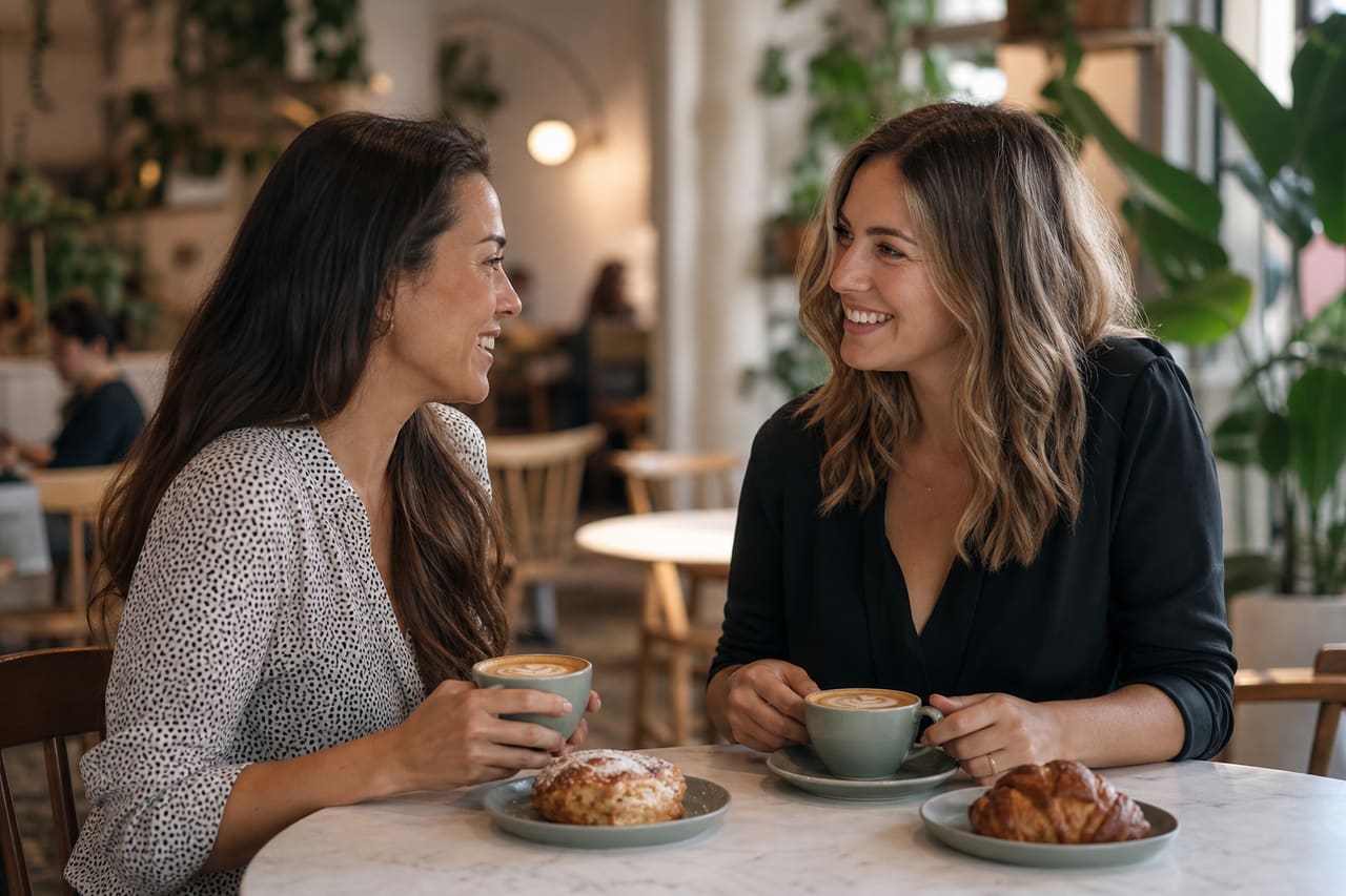 Two Women Having a Conversation in a Modern Cafe