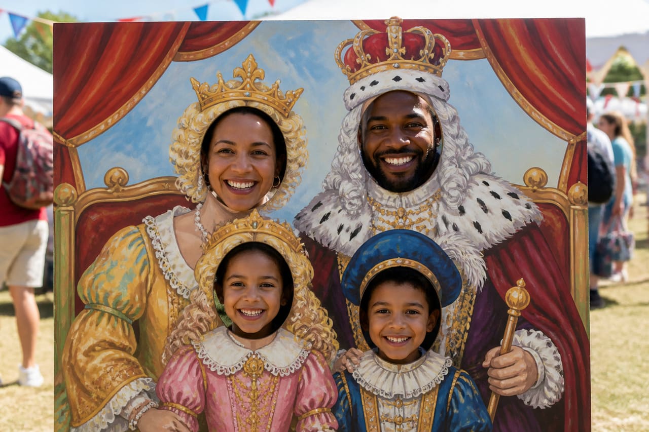 Family Posing Behind a Carnival Face in Hole Cutout