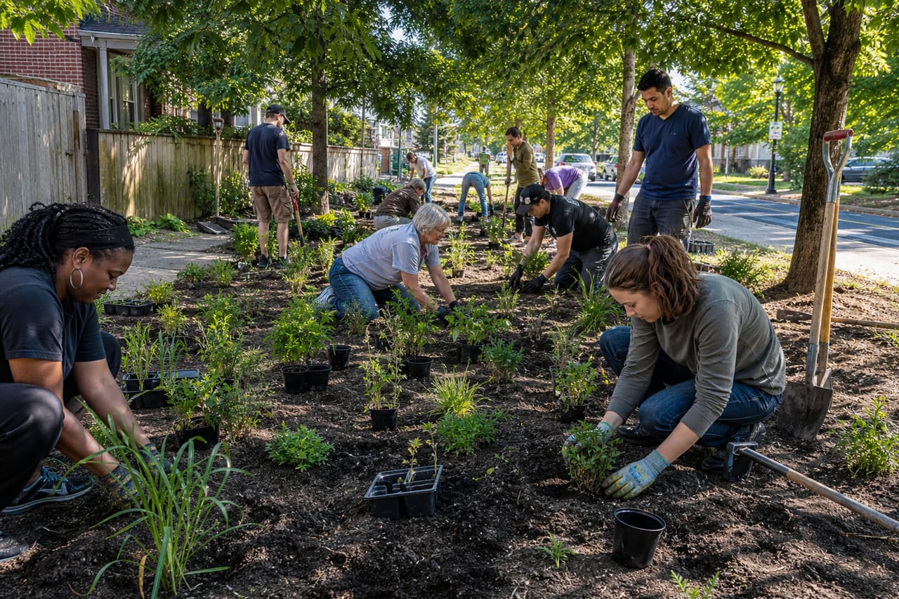 Community Volunteers Planting Native Greenery in an Urban Park