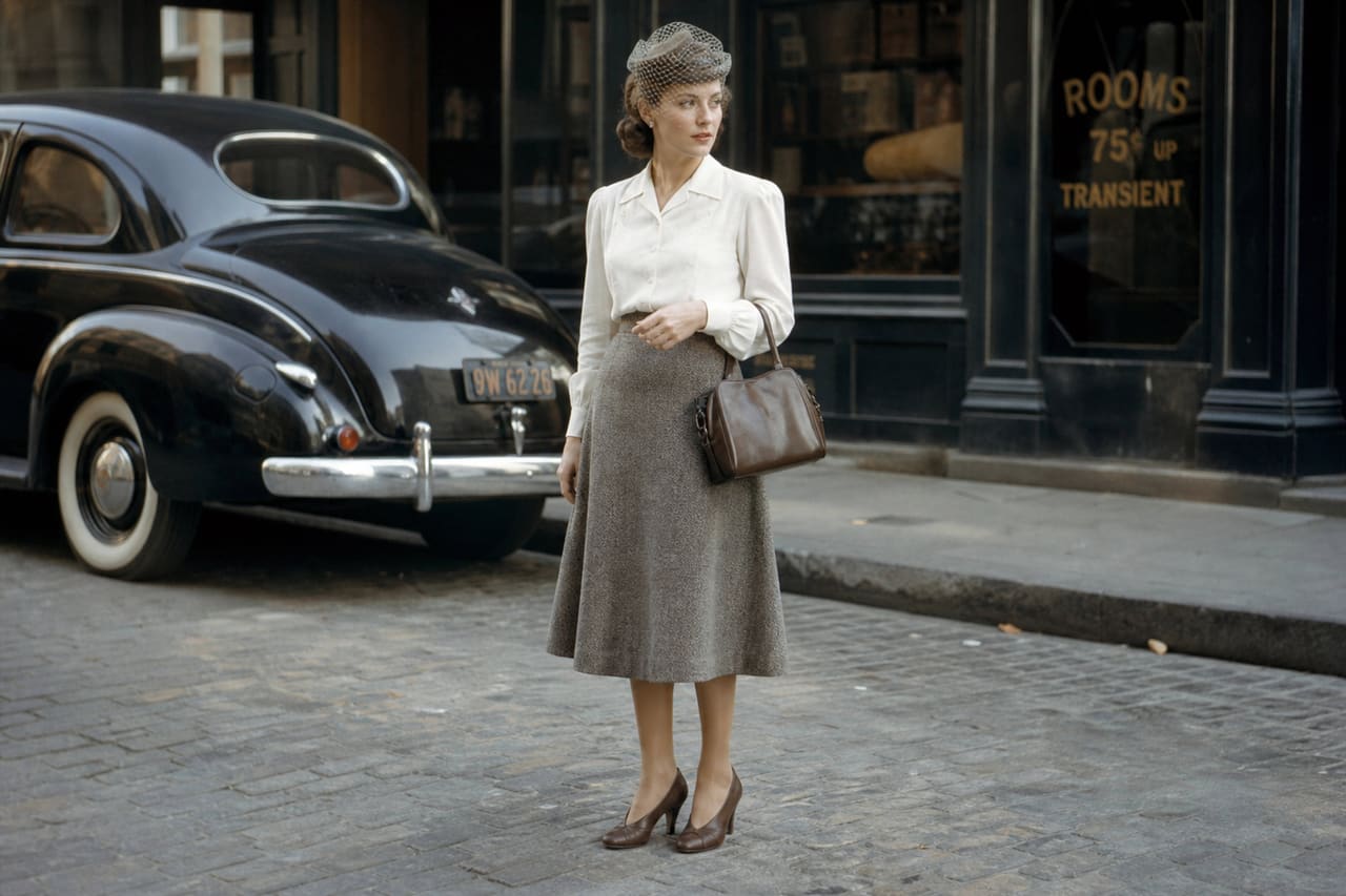 Woman Wearing 1940s Retro Fashion on a City Street