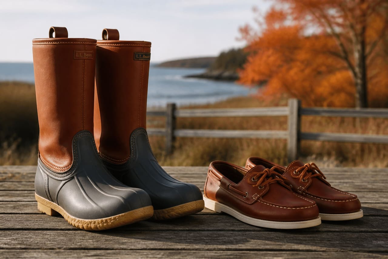 Waterproof Bean Boots and Leather Boat Shoes on Wooden Porch
