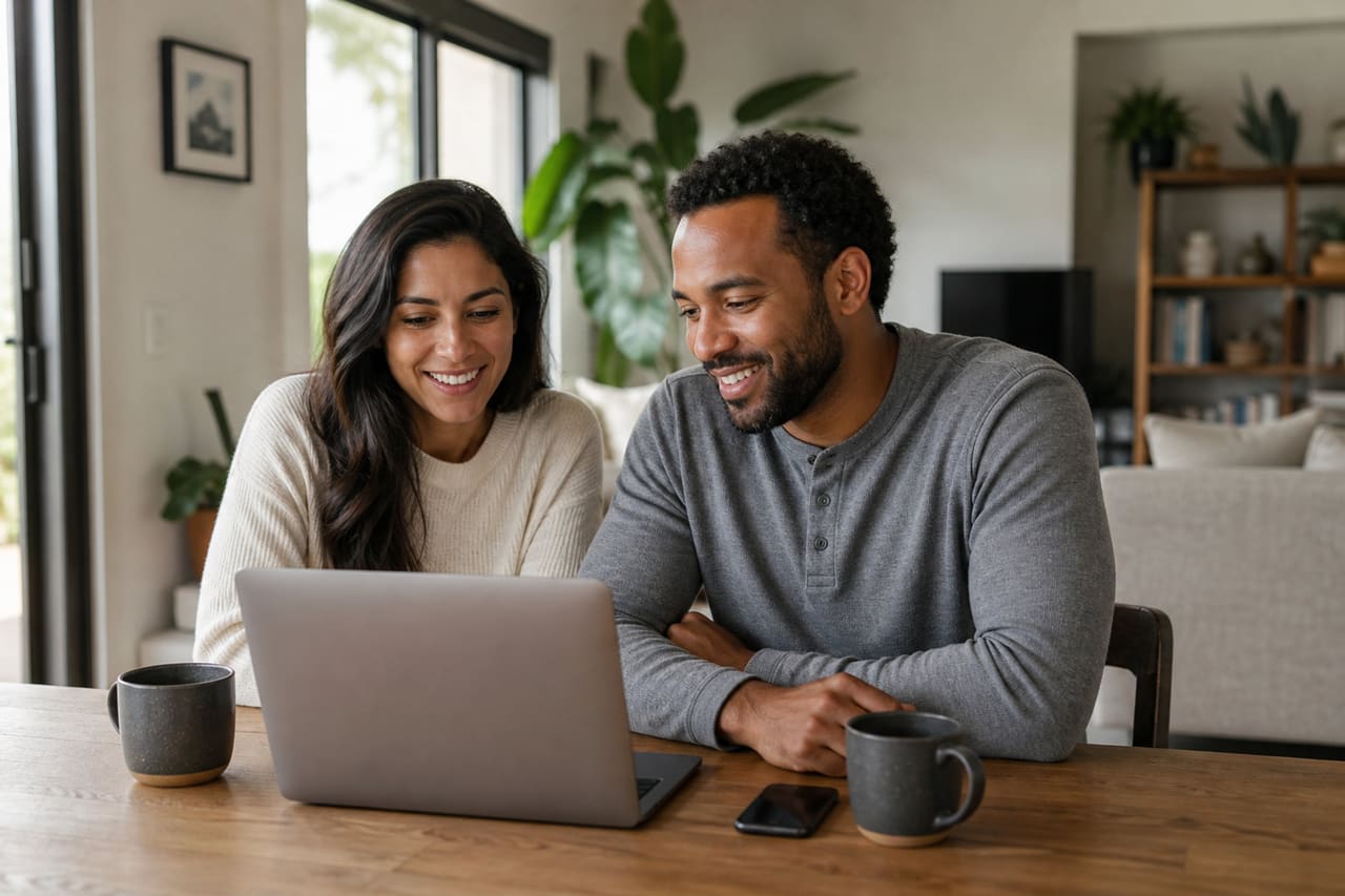 Couple Reviewing Home Sale Experience on Laptop