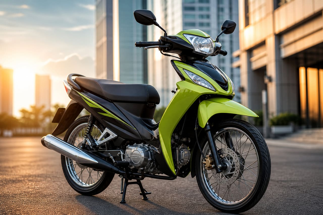 Lime Green Kawasaki 110 Motorbike Parked on City Street