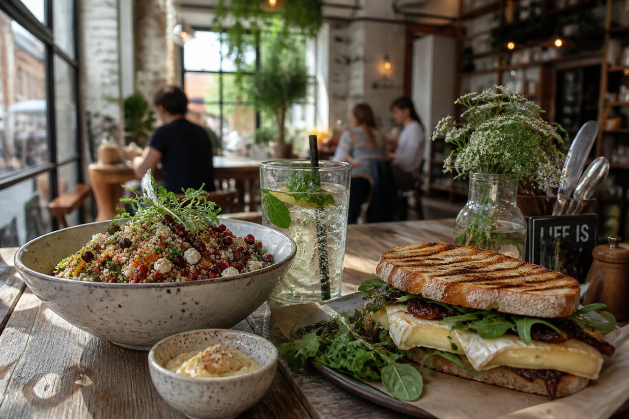 Gourmet Lunch Spread on a Rustic Table in a Bistro