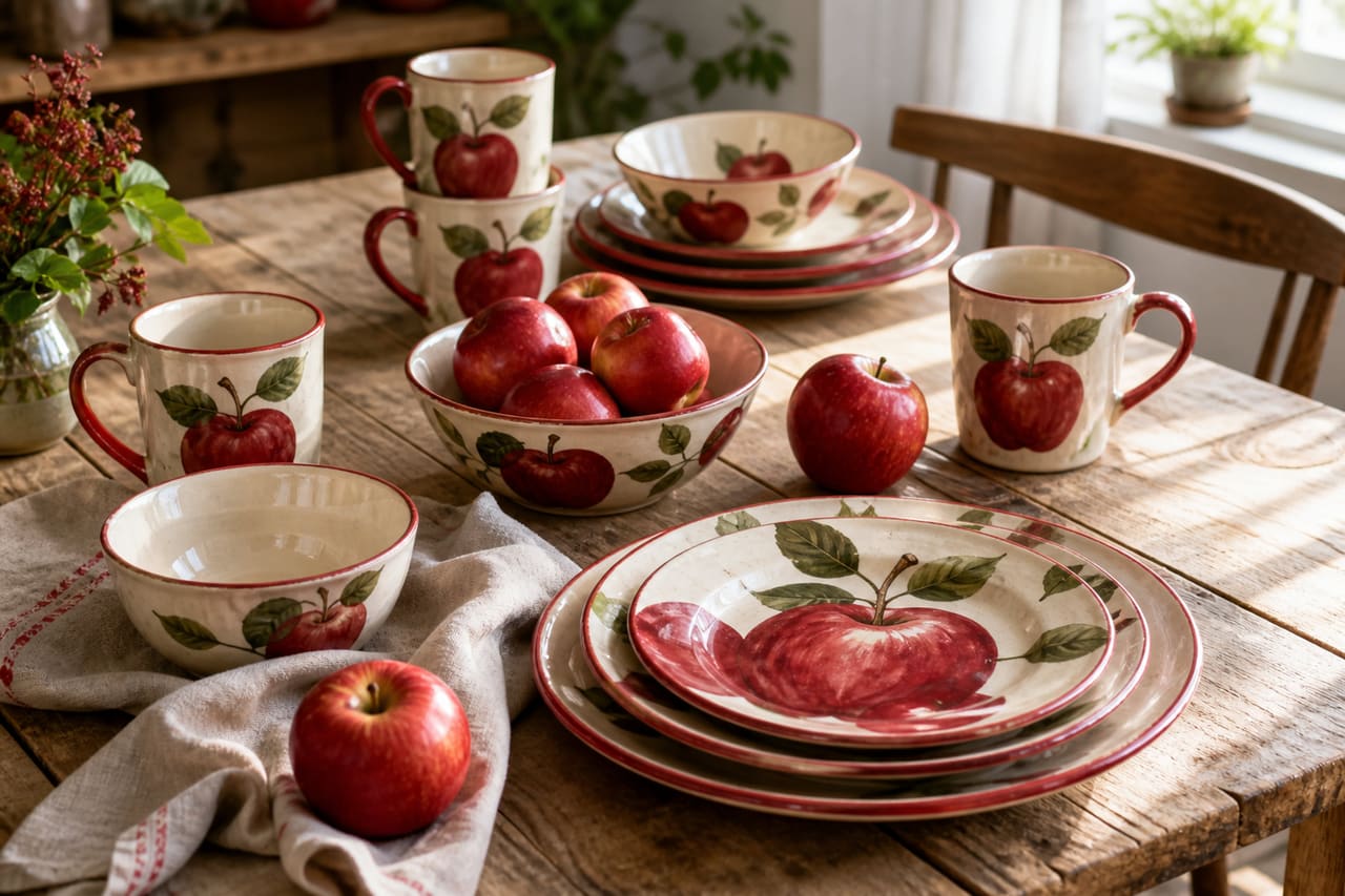Red Apple Dinnerware Sets Arranged on a Rustic Wooden Table