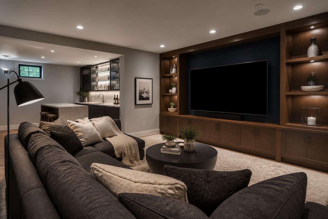 Modern Finished Basement with Lounge and Home Cinema