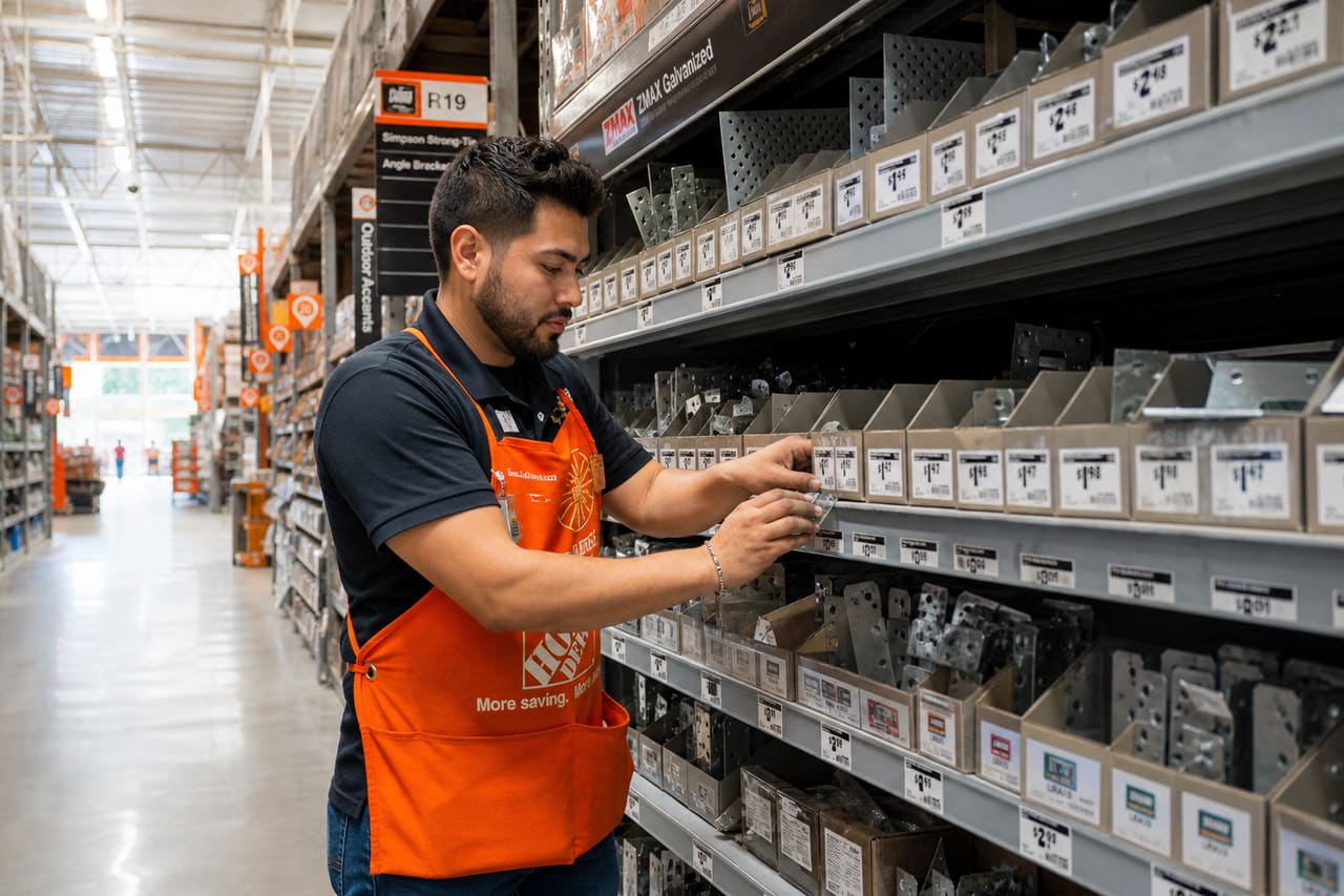 Employee Organizing Hardware Shelves in a Home Improvement Store