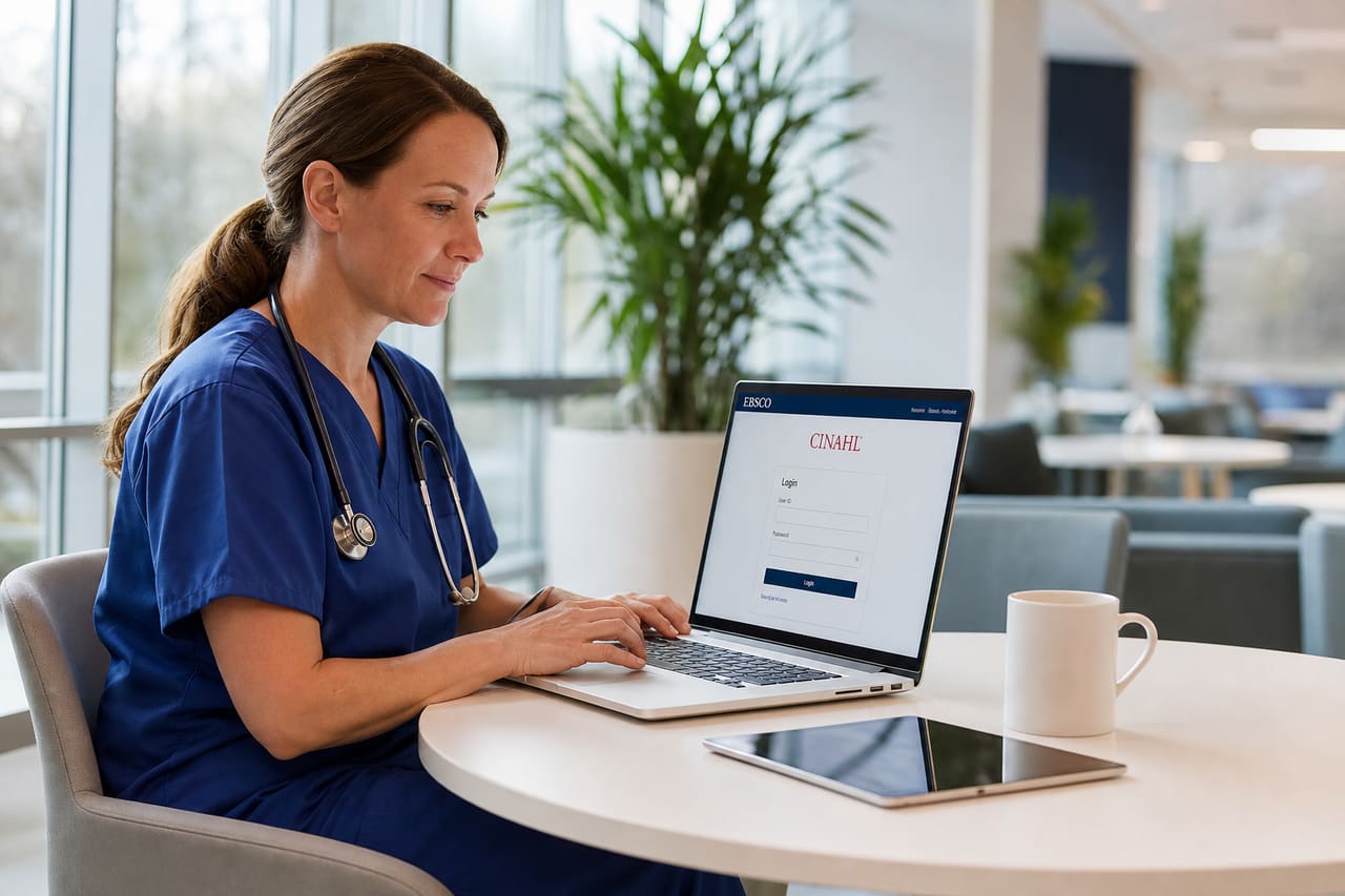 Nurse Accessing Cinahl Ceu Portal on Laptop in Hospital Breakroom