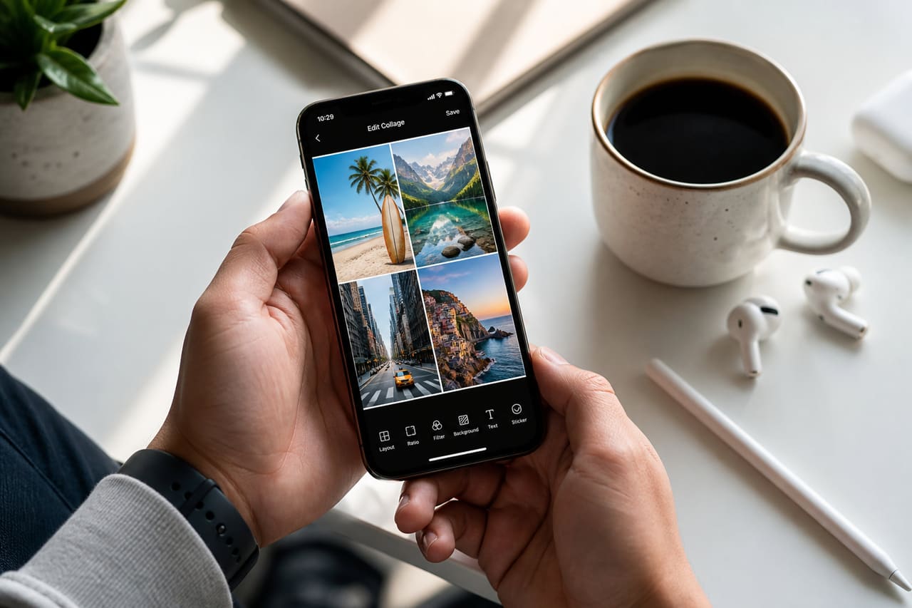 Person Creating a Photo Collage on a Smartphone