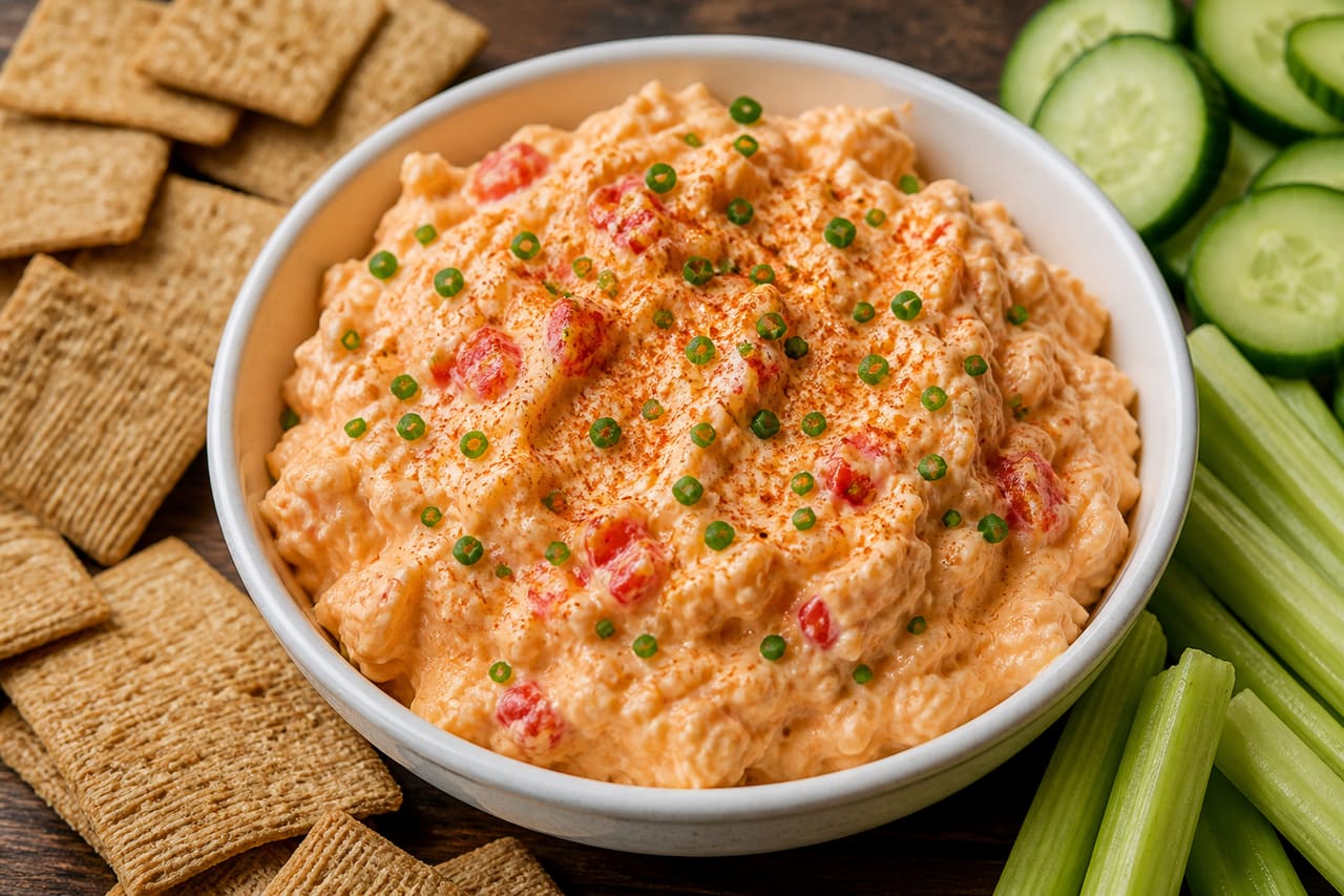 Homemade Pimento Cheese Spread on a Rustic Wooden Board
