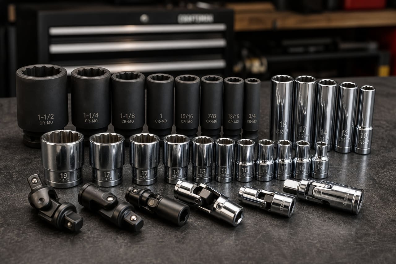 Professional Specialty Automotive Sockets Arranged on Industrial Workbench