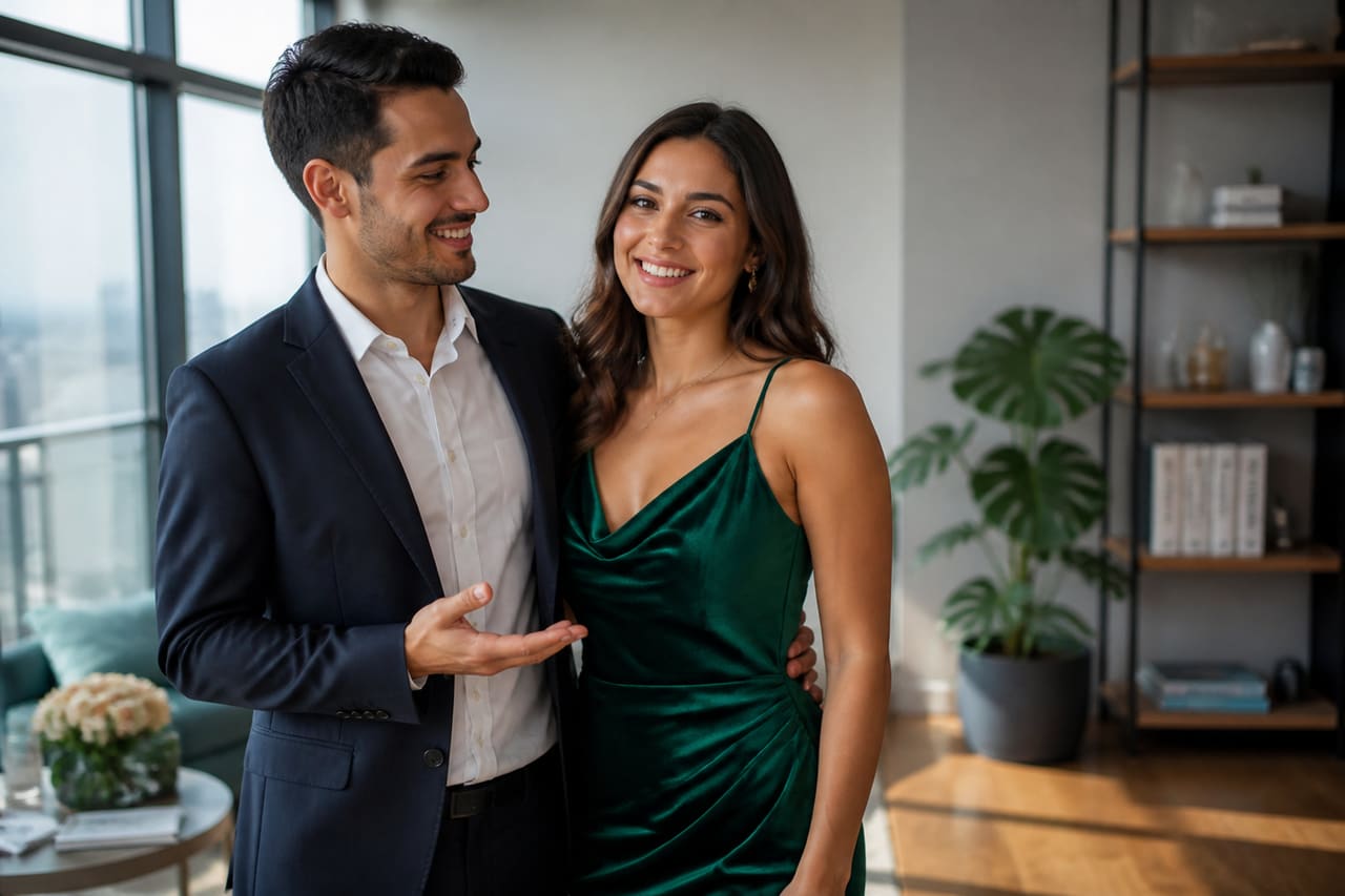 Proud Man Presenting His Partner in a Modern Living Room