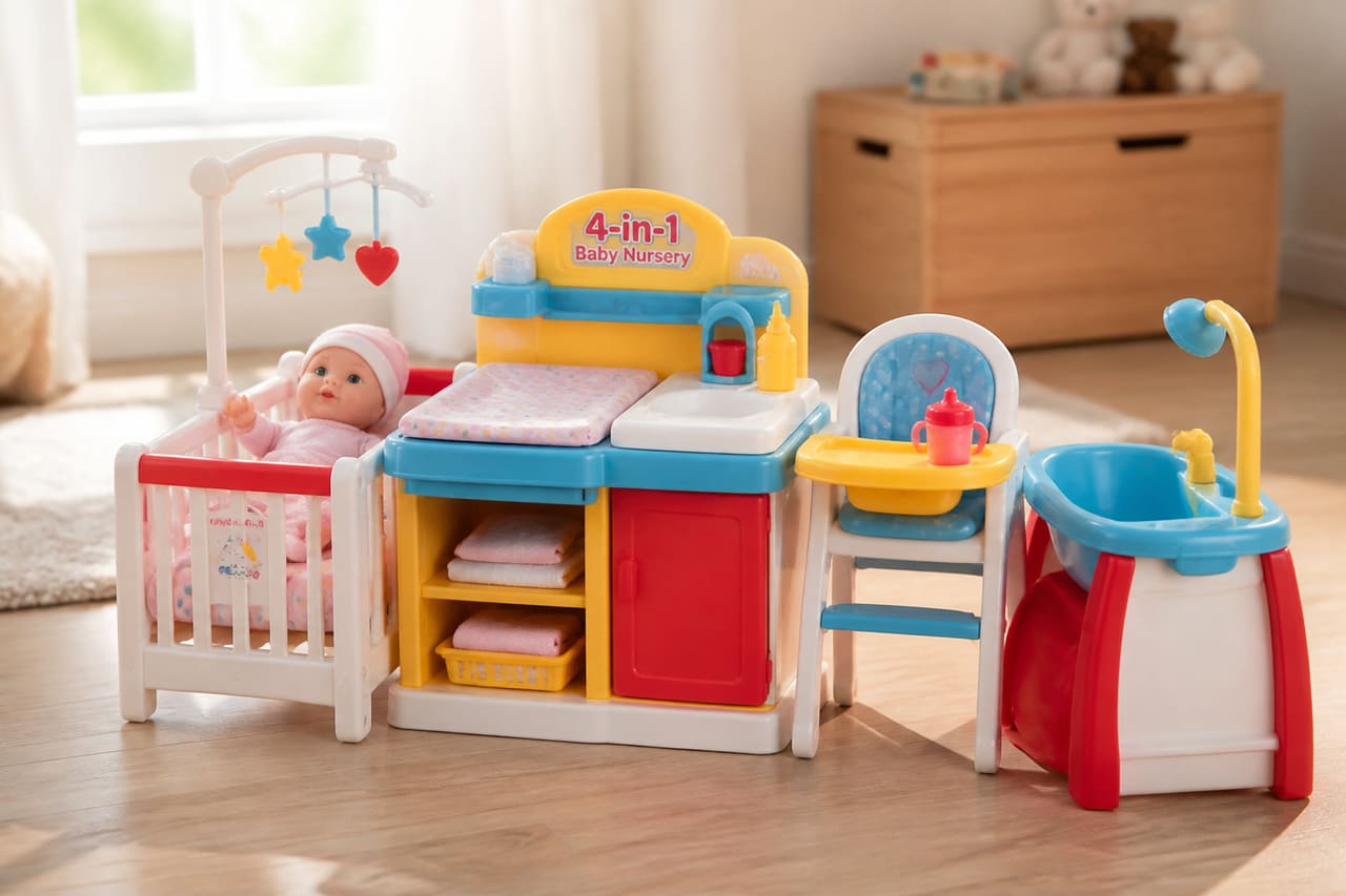 Colorful 4-in-1 Baby Nursery Playset in a Bright Playroom