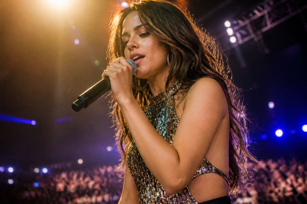 Young Pop Singer Performing on a Lit Concert Stage