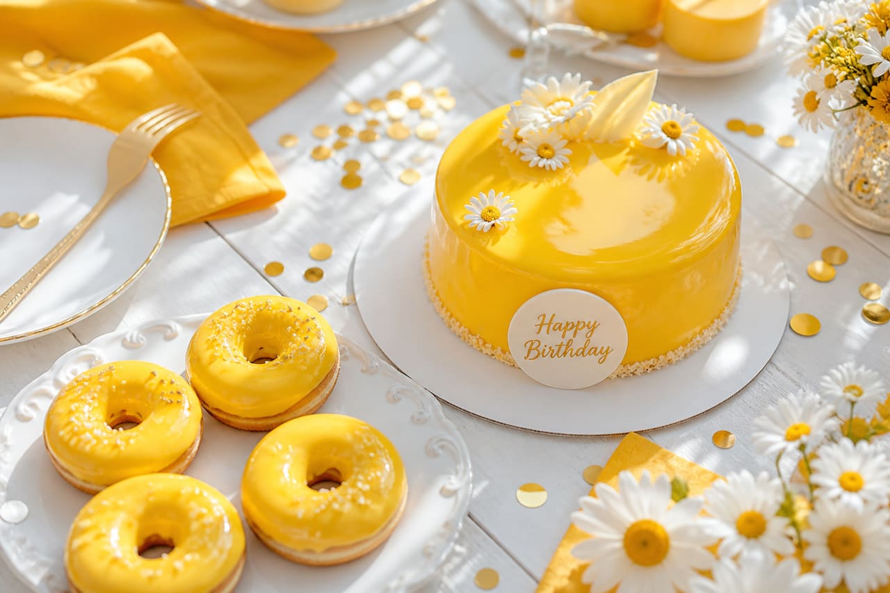 Brightly Decorated Birthday Party Table with Glazed Desserts