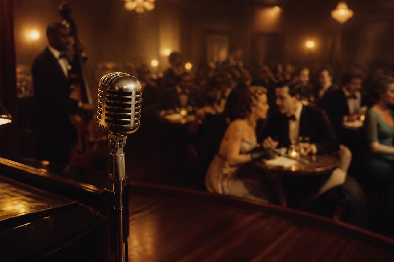 Vintage Microphone on Stage in a 1960s Jazz Lounge