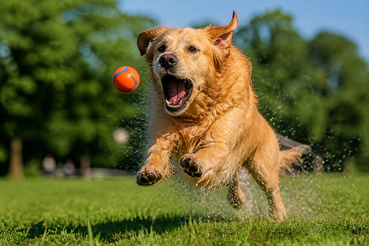 Golden Retriever Leaping to Catch Tennis Ball in Park