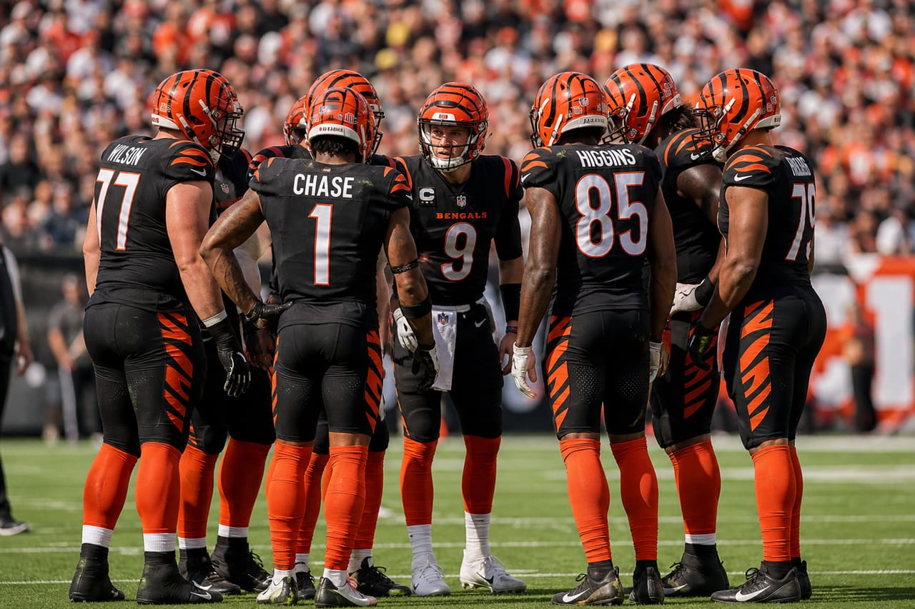 Professional Football Team Huddling on a Stadium Field