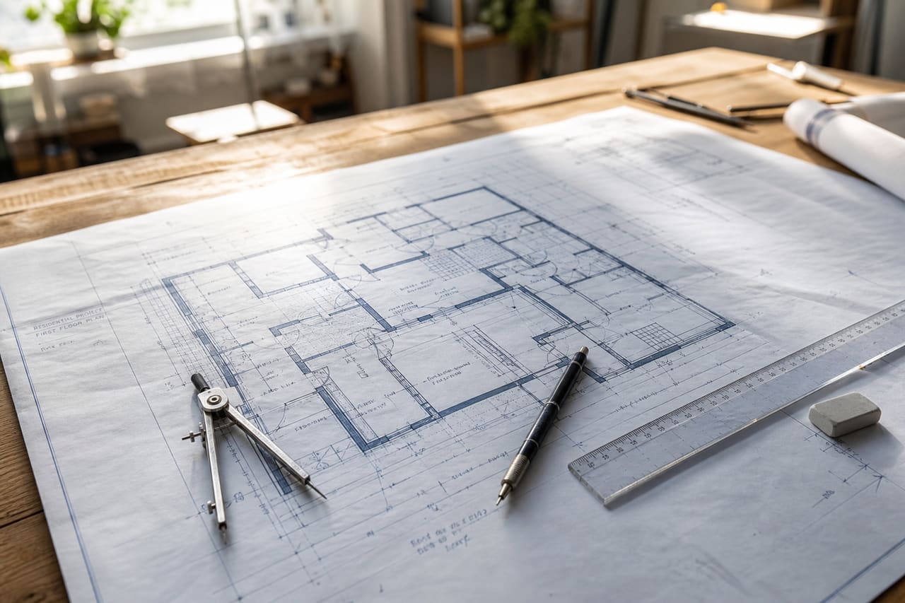 Architectural Schechs and Drafting Tools on Wooden Table