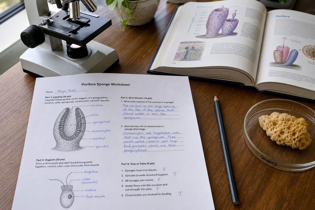 Biology Student Completing a Porifera Sponge Worksheet