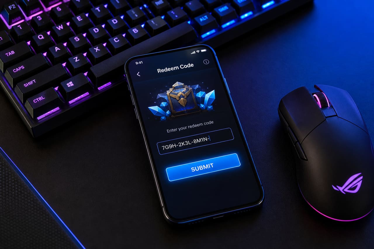 Smartphone Displaying Promo Code Entry on a Gaming Desk